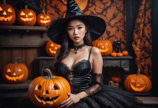 A woman dressed as a witch is seated on a bench surrounded by carved jack-o-lanterns of varying sizes and shapes, including a large pumpkin with a face carved into it.