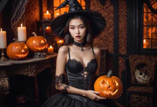 A woman dressed as a witch is holding an orange pumpkin with a carved face and wearing a black dress and hat. The setting appears to be a Halloween party or event, with several other pumpkins in the background and candles on tables.