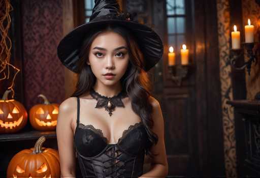 The image shows a woman dressed as a witch standing against a dark background with three carved jack-o-lanterns on either side of her. The woman is wearing a black corset and a black hat that matches the color of one of the jack-o-lanterns, creating a cohesive look. 
The room has a dark theme, with a red curtain hanging in front of it and a wooden door visible behind the woman.