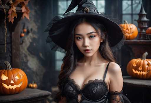 The image shows a woman dressed as a witch with long dark hair and a black top hat. She is wearing a black dress that has lace detailing on the bodice. The background features two carved jack-o-lanterns, one of which has a face carved into it.