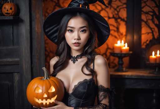 A woman dressed as a witch stands against an orange and black wall with a carved pumpkin on the left side of her chest holding a jack-o-lantern face.