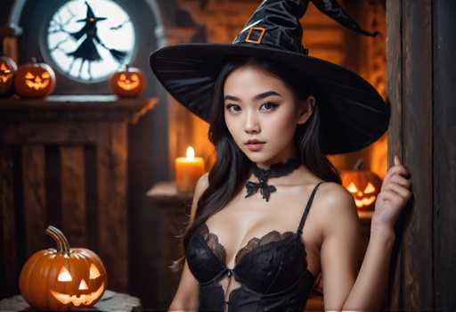 The image shows a woman dressed as a witch standing against a wooden wall with a window and several carved jack-o-lanterns on the windowsill. The woman is wearing a black corset and a black hat with a gold trim, which are typical elements of a witch's costume. She has long dark hair that falls over her shoulders, adding to the overall mysterious atmosphere of the scene.