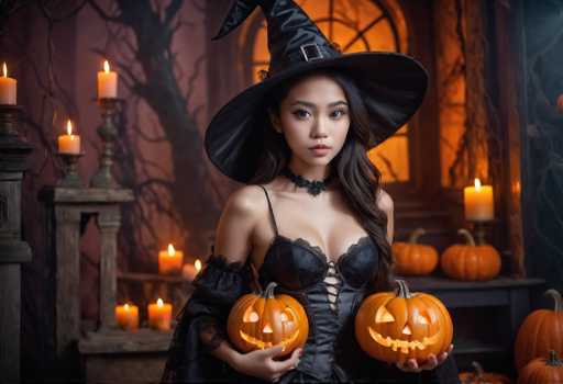 A woman dressed as a witch stands against a dark purple background with orange and yellow candles casting a warm glow on her face. She holds two carved jack-o-lanterns in each hand.