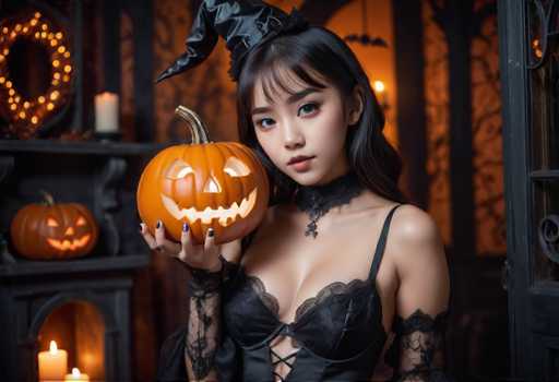 A woman dressed as a witch is holding an orange pumpkin with a carved face and wearing a black bodysuit with lace detailing. The background features a dark room with a fireplace and a window adorned with white curtains.