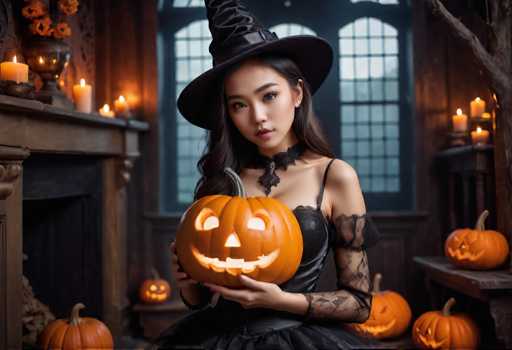 A woman dressed as a witch is holding an orange pumpkin with a carved face and wearing a black dress and hat. The setting appears to be a room decorated for Halloween, featuring a fireplace and several other pumpkins of varying sizes scattered around the space.