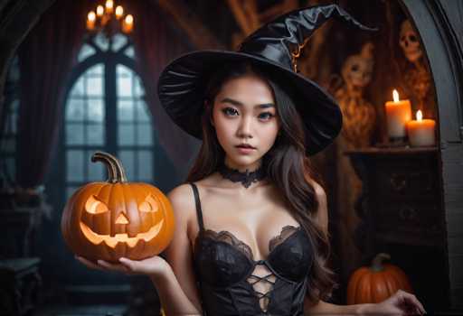 The image shows a woman dressed as a witch with long dark hair and wearing a black corset. She is holding an orange pumpkin that has been carved into the shape of a jack-o-lantern face. The background features a Gothic archway with candles inside, creating a spooky atmosphere.