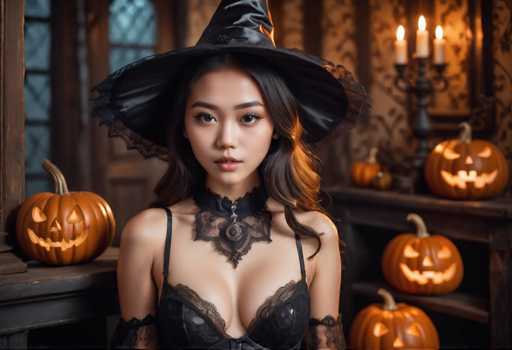 The image shows a woman dressed as a witch with a black hat and corset, standing against a backdrop of carved pumpkins and candles. The woman is positioned centrally in the frame, drawing attention to her attire and surroundings.