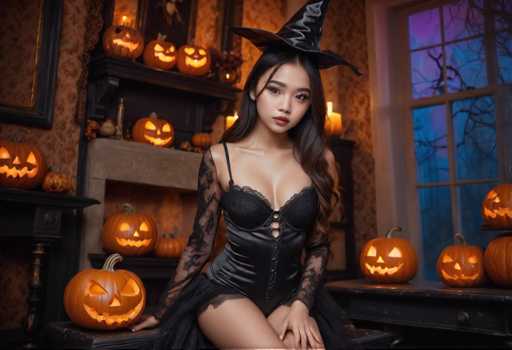 The image shows a woman dressed as a witch with black lingerie and a black hat. She is sitting on a stool next to a fireplace filled with carved pumpkins of various sizes and colors. The room has orange walls that match the pumpkin decorations, creating a warm and festive atmosphere.