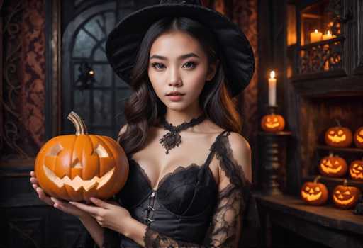 A woman dressed as a witch stands against a dark background with a pumpkin and candles on the table behind her.