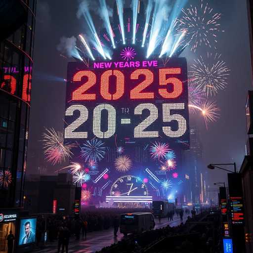 The image shows a large billboard with the text "2025 New Years Eve" and "20-25" written on it. The billboard is lit up with colorful fireworks, creating a festive atmosphere in Times Square. A crowd of people can be seen gathered around the billboard, possibly attending an event or celebrating together.