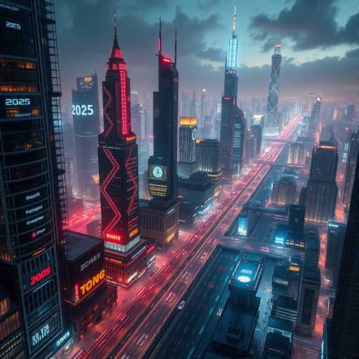 The image depicts a bustling cityscape at night, with tall buildings illuminated by bright lights and neon signs. The sky above is filled with clouds, creating an atmospheric backdrop for the urban scene below. The perspective of the photo is taken from a high angle, providing a bird's eye view of the city's layout and architectural diversity.