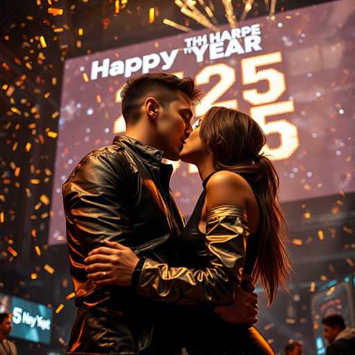 A couple is sharing an intimate moment on a stage with a large screen displaying the text "Happy 1st Year" and "25th". The man is wearing a black leather jacket while the woman has long brown hair.