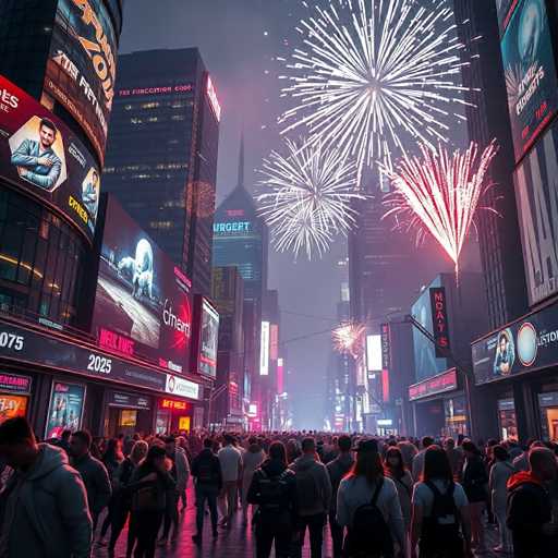 The image depicts a crowded city street at night with people walking and standing on the sidewalks, illuminated by bright lights from buildings and billboards. The sky above is filled with fireworks, creating a festive atmosphere over the scene.