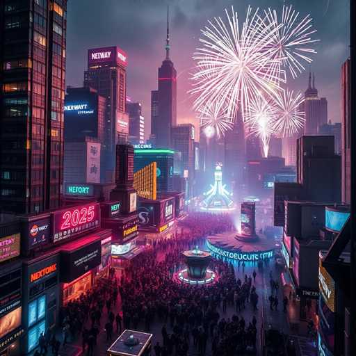 The image depicts a bustling city square at night, with a large crowd of people gathered around the center and fireworks exploding above them. The buildings lining the street are illuminated by colorful lights, creating a vibrant and lively atmosphere.