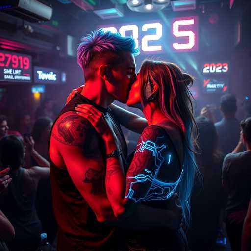 A couple embraces each other on a dance floor at a neon-lit bar. The man has tattoos on his arms and the woman is wearing a black dress with blue accents. They are surrounded by people dancing in front of a large neon sign that displays "2023".