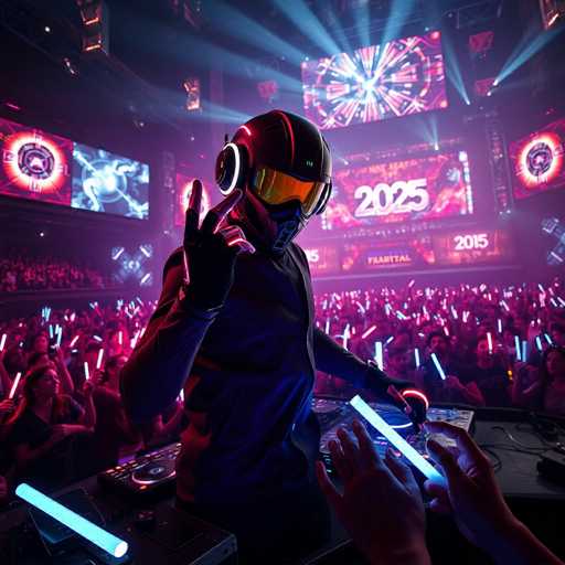 The image depicts a DJ performing at a concert with a large crowd of people surrounding him and a stage illuminated by colorful lights. The DJ is wearing a black jacket and helmet, holding a microphone in his hand while surrounded by numerous partygoers who are dancing and enjoying the music.