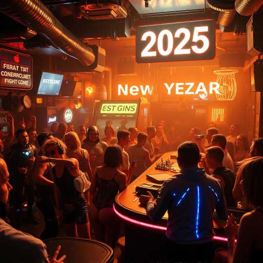 The image depicts a lively scene at a bar with a group of people gathered around the bar area and on the dance floor. The bar is illuminated by warm orange lights that create an inviting atmosphere. A large neon sign reading "2025" can be seen in the background, indicating the year. In front of the bar, there are two TVs mounted on the wall displaying various advertisements.

The people in the image appear to be enjoying themselves and socializing with one another. The perspective is from a low angle, looking up at the crowd, which adds to the sense of being immersed in the event.