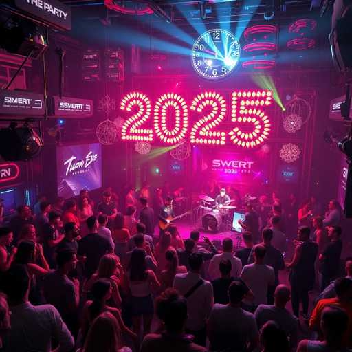 The image depicts a lively scene at a party with a large neon sign that reads "2025" and the words "SWEET" written on it. The room is filled with people dancing and enjoying themselves in front of a stage where a band is performing. A clock can be seen hanging from the ceiling, and there are speakers placed around the room.