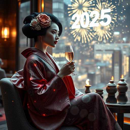 A woman is seated at a table with a glass of champagne and a flower in her hair. The background features a city skyline illuminated by fireworks.