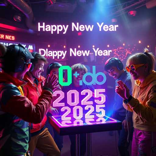 The image shows six people standing around a table with neon lights and a large screen displaying the text "Happy New Year" and "Dlppy New Year". The group is dressed casually in colorful clothing, suggesting they are at an event or gathering.