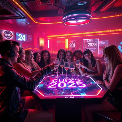 The image depicts a lively scene at a bar or nightclub with neon lights and a red background. A group of people are gathered around a table, engaged in conversation and enjoying drinks. The table is adorned with several wine glasses filled with white wine, suggesting a relaxed and social atmosphere. The people present include both men and women, all dressed casually. In the foreground, there's a sign that reads "Cups 2025", indicating the event or theme of the gathering.