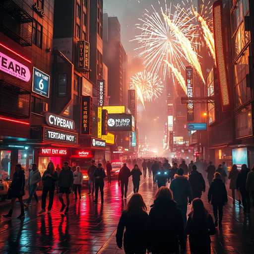 The image depicts a busy city street at night with people walking and cars driving down the road. The sky is filled with bright orange and yellow fireworks, creating a festive atmosphere over the scene. The perspective of the photo is from ground level, looking up towards the fireworks, giving a sense of being in the midst of the celebration.