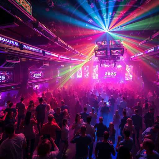 The image depicts a crowded indoor event space with people dancing and enjoying themselves under colorful spotlights that cast a rainbow of colors across the room. The perspective is from the back of the room, looking towards the stage where a DJ booth can be seen.