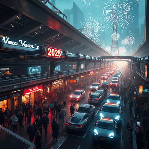 The image depicts a busy city street at night with numerous cars and people moving about. The sky is filled with fireworks, adding to the festive atmosphere of the scene. The perspective of the photo is from ground level, looking down the length of the street towards the fireworks in the distance.