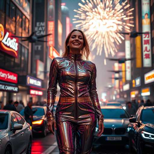 A woman is standing on a busy street at night, wearing a metallic jumpsuit and smiling towards the camera. The background features buildings with illuminated signs and cars parked along the street.