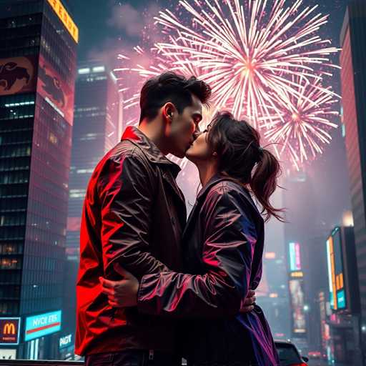 A couple is embracing under a fireworks display in Times Square, New York City at night. The man wears a brown leather jacket and the woman has long dark hair.