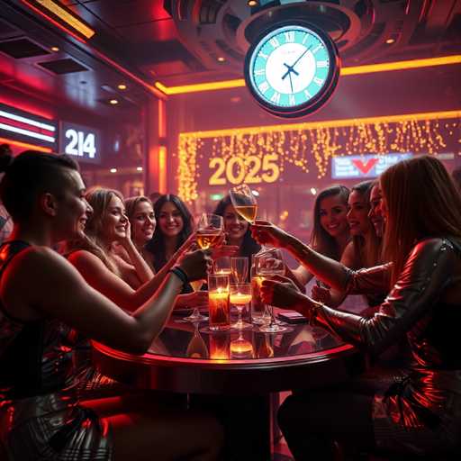 The image shows a group of people gathered around a table at a bar or restaurant, celebrating the New Year with champagne and wine glasses. The clock on the wall indicates it is 2:30 pm.