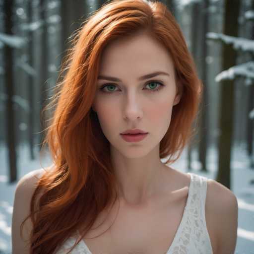 A young woman with long red hair is standing in a snowy forest. She is wearing a white tank top and her gaze is directed straight at the camera. The background features tall trees covered in snow, creating a serene winter landscape.