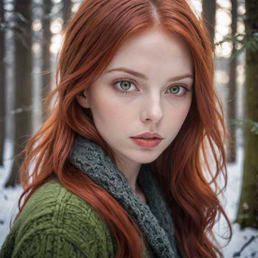 A young woman with vibrant red hair is captured in a moment of quiet contemplation in the midst of a snowy forest. She wears a green sweater and a gray scarf around her neck, adding to the rustic charm of the scene. The trees surrounding her are tall and bare, their branches heavy with snow, creating a stark contrast against the woman's fiery red hair.