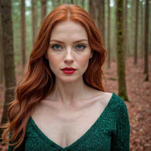 A woman with red hair and a green sweater stands in front of a forest filled with trees on a cloudy day.