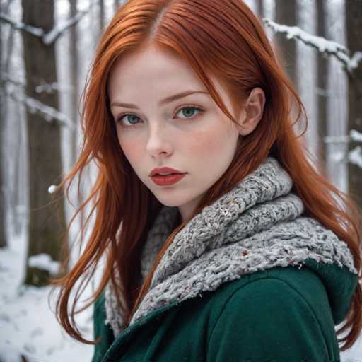 A young woman with red hair is standing in a snowy forest. She is wearing a green coat and has her hair styled in loose waves. The trees around her have snow-covered branches, creating a serene winter landscape.