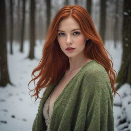 A woman with long red hair is standing in a snowy forest. She is wearing a green sweater and has her hair styled in loose waves. The trees around her have snow-covered branches, creating a serene winter landscape.