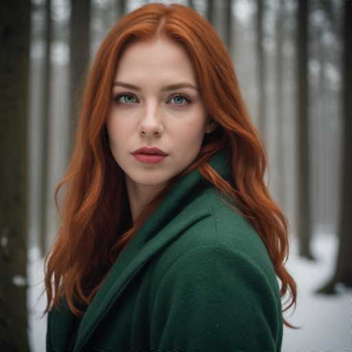 A young woman with vibrant red hair is captured in a moment of quiet contemplation in the midst of a snowy forest. She is dressed for the cold weather and her attire includes a green coat that contrasts beautifully against the white snow covering the ground. The trees around her are tall and silent, their branches heavy with snow, creating an almost ethereal atmosphere.