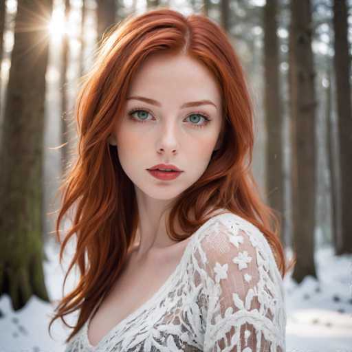 A young woman with red hair and green eyes is standing in a snowy forest. She is wearing a white lace top that contrasts with the surrounding snow. The trees behind her have dark trunks and branches, creating depth in the image.