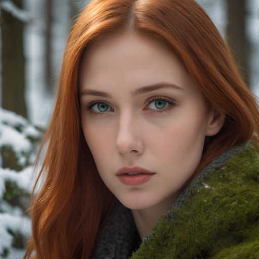 A young woman with red hair is captured in a moment of quiet contemplation in the midst of a snowy forest. She is dressed for the cold weather and her attire consists of a green scarf wrapped around her neck. Her gaze is directed straight at the camera, creating an intimate connection between the viewer and the subject. The background reveals that she is standing amidst trees covered in snow, providing a stark contrast to her vibrant red hair.