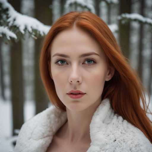 A young woman with red hair is captured in a moment of quiet contemplation against the backdrop of a snowy forest. She is dressed for the cold weather, wearing a white coat that contrasts beautifully with her vibrant red hair. The trees around her are blanketed in snow, their branches heavy with the weight of winter's touch. Her gaze is directed straight at the camera, creating an intimate connection between the viewer and the subject.