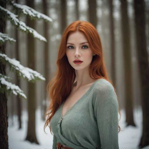 A young woman with red hair is standing in a snowy forest. She is wearing a green cardigan and has her hair styled in loose waves. The trees around her have snow-covered branches, creating a serene winter scene.