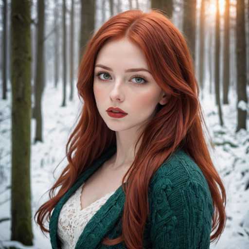 A young woman with long red hair is standing in a snowy forest. She is wearing a green sweater and white lace top. The trees around her have snow-covered branches, creating a serene winter scene.