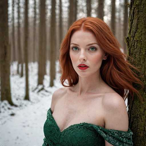 A woman with red hair and a green dress stands against a backdrop of snow-covered trees in a forest.