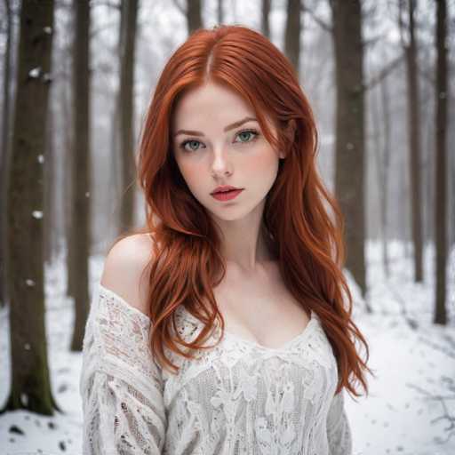 A young woman with red hair is standing in a snowy forest. She is wearing a white sweater and has her hair styled in loose waves. The trees around her have bare branches, suggesting that it might be winter or the season of the photo was taken during this time.