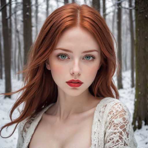 A young woman with red hair is standing in a snowy forest. She is wearing a white lace top and has her hair styled in loose waves. The trees around her have snow-covered branches, creating a serene winter landscape.