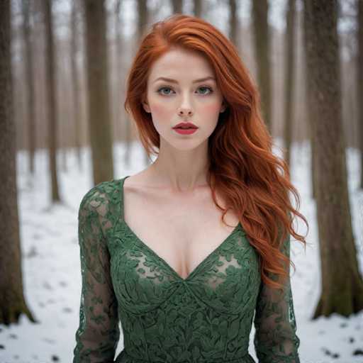 A woman with red hair is standing in a snowy forest surrounded by tall trees and snow-covered ground. She is wearing a green dress that contrasts with the white snow around her. The woman's face is lit up with a smile as she looks directly at the camera.