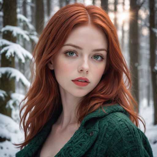 A young woman with red hair is standing in a snowy forest. She is wearing a green sweater and has her hair styled in loose waves. The background features tall trees covered in snow, creating a serene winter landscape.