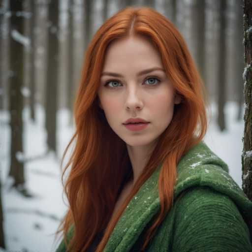 A young woman with long red hair is standing in a snowy forest. She is wearing a green coat and her gaze is directed off to the side. The trees around her have snow-covered branches, creating a serene winter landscape.