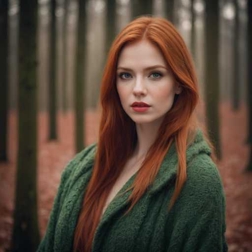 A young woman with long red hair is standing in a forested area, wearing a green coat and facing the camera directly.