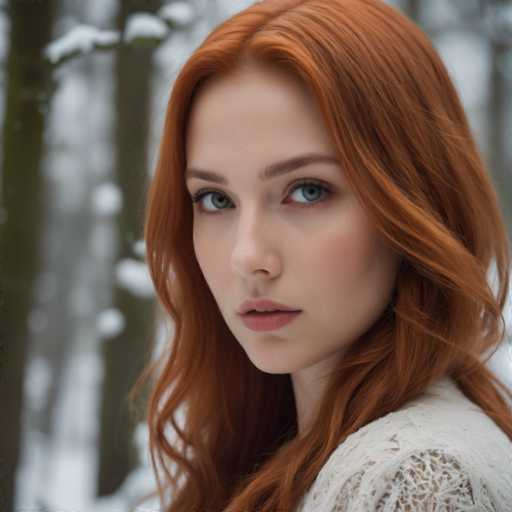 A young woman with vibrant red hair is captured in a moment of quiet contemplation against the backdrop of a snowy forest. Her long, flowing hair cascades down her shoulders, and she wears a white sweater that contrasts beautifully with the surrounding snow-covered trees. The image is taken from a low angle, which adds to the sense of grandeur and majesty of the scene.